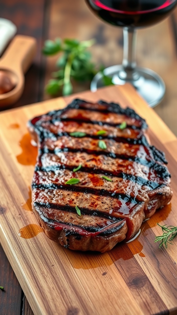 Juicy Grilled Steak Recipe A juicy grilled ribeye steak on a rustic cutting board, garnished with herbs.